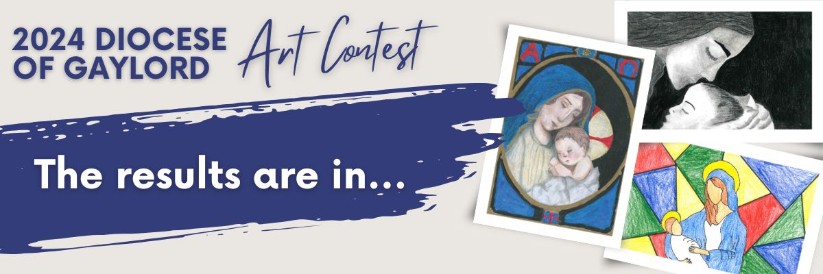 banner announcing art contest results with artwork of Mary on it