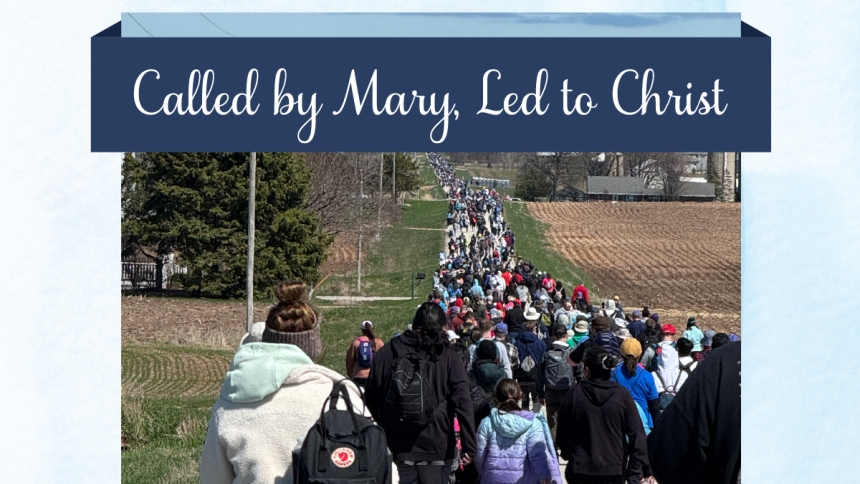 people walking down rural road with text overway "Called by Mary, Led by Christ