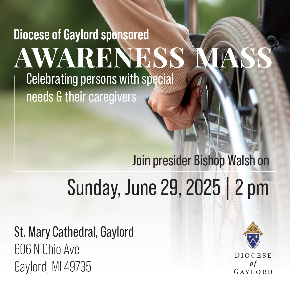 social media post for Awareness Mass with picture of wheelchair