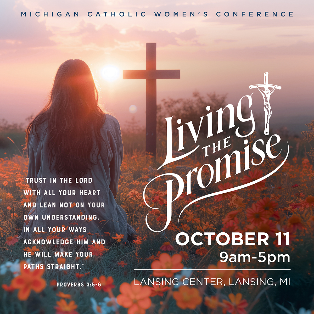 women in flower field sitting before a cross