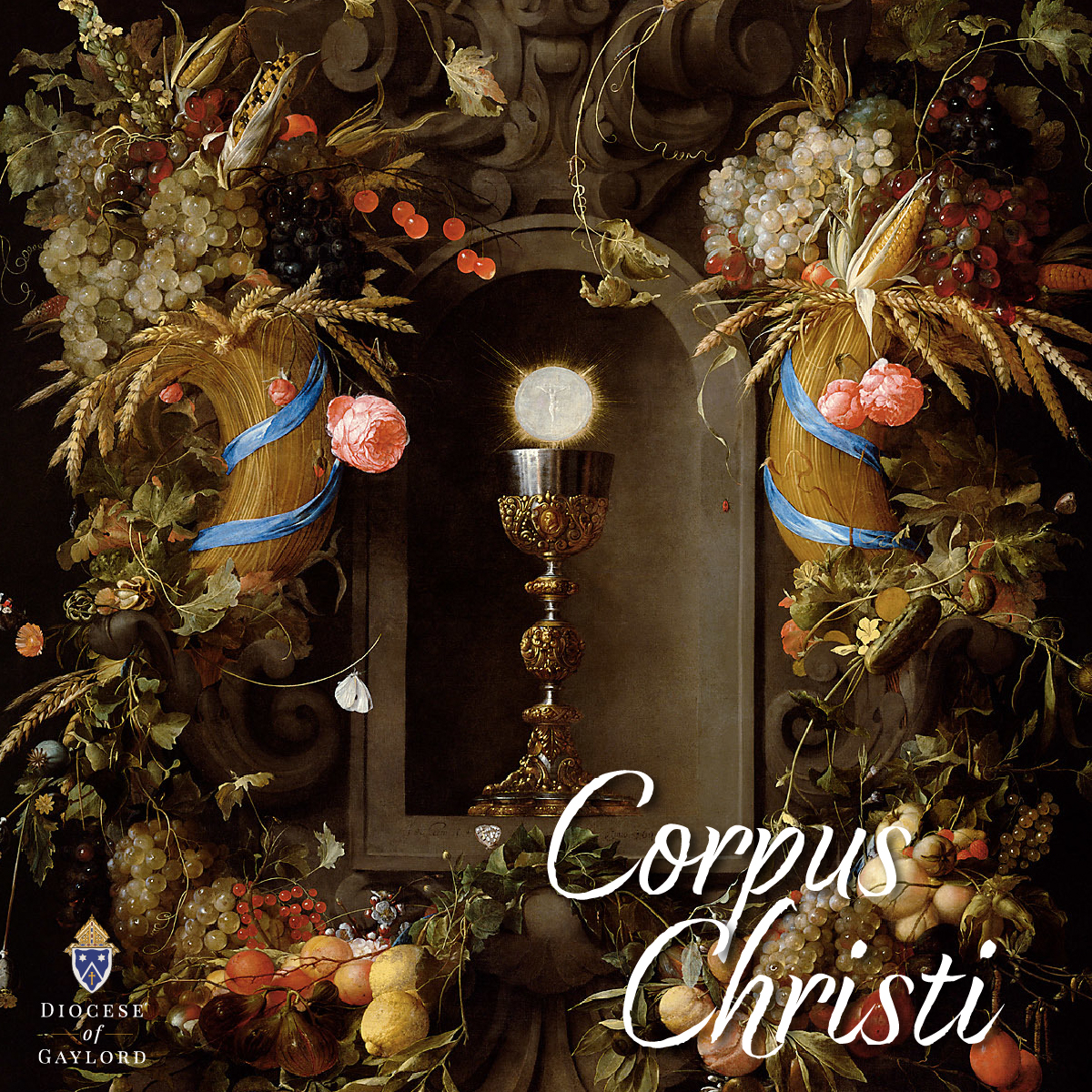 body and blood of Christ surrounded by wreaths