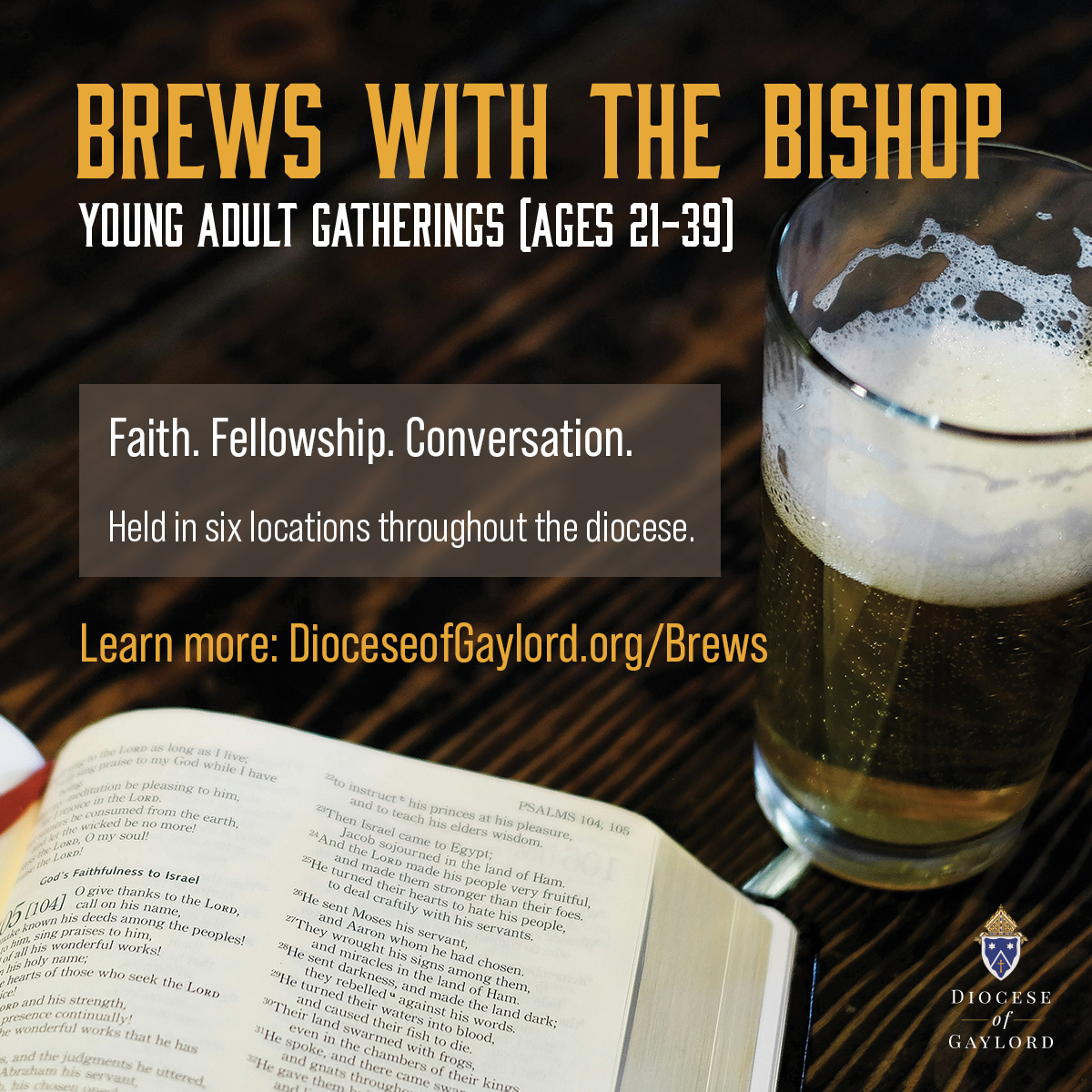 promotional image for Brews with the Bishop event