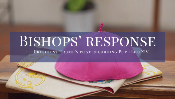 bishop hat sitting on miter with Bishops' response to Trump's social media post on Pop Leo XIV